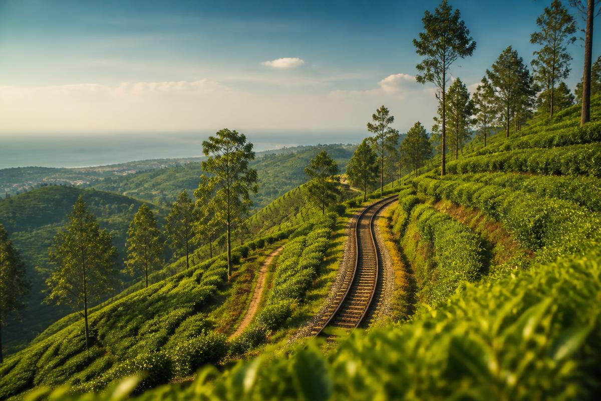 Tea plantation hills and a railway line in Sri Lanka