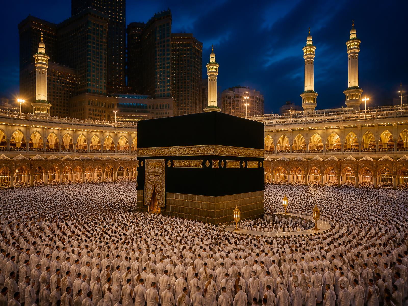Pilgrims performing tawaf around the Kaaba in Masjid al-Haram, Makkah