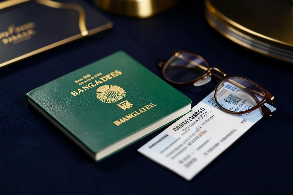 Bangladeshi passport with a boarding pass and reading glasses