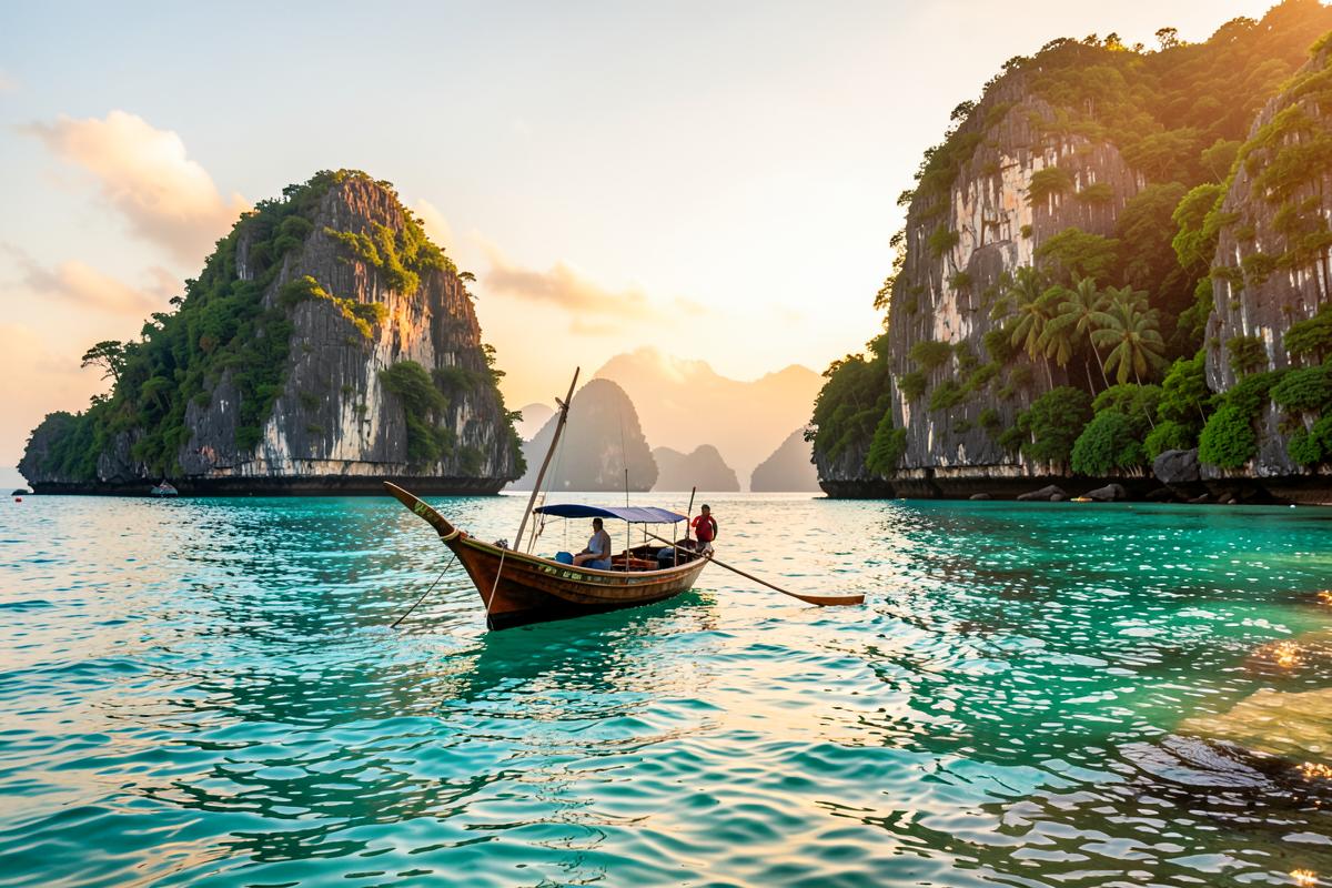 Longtail boat on turquoise water beside limestone cliffs at golden hour