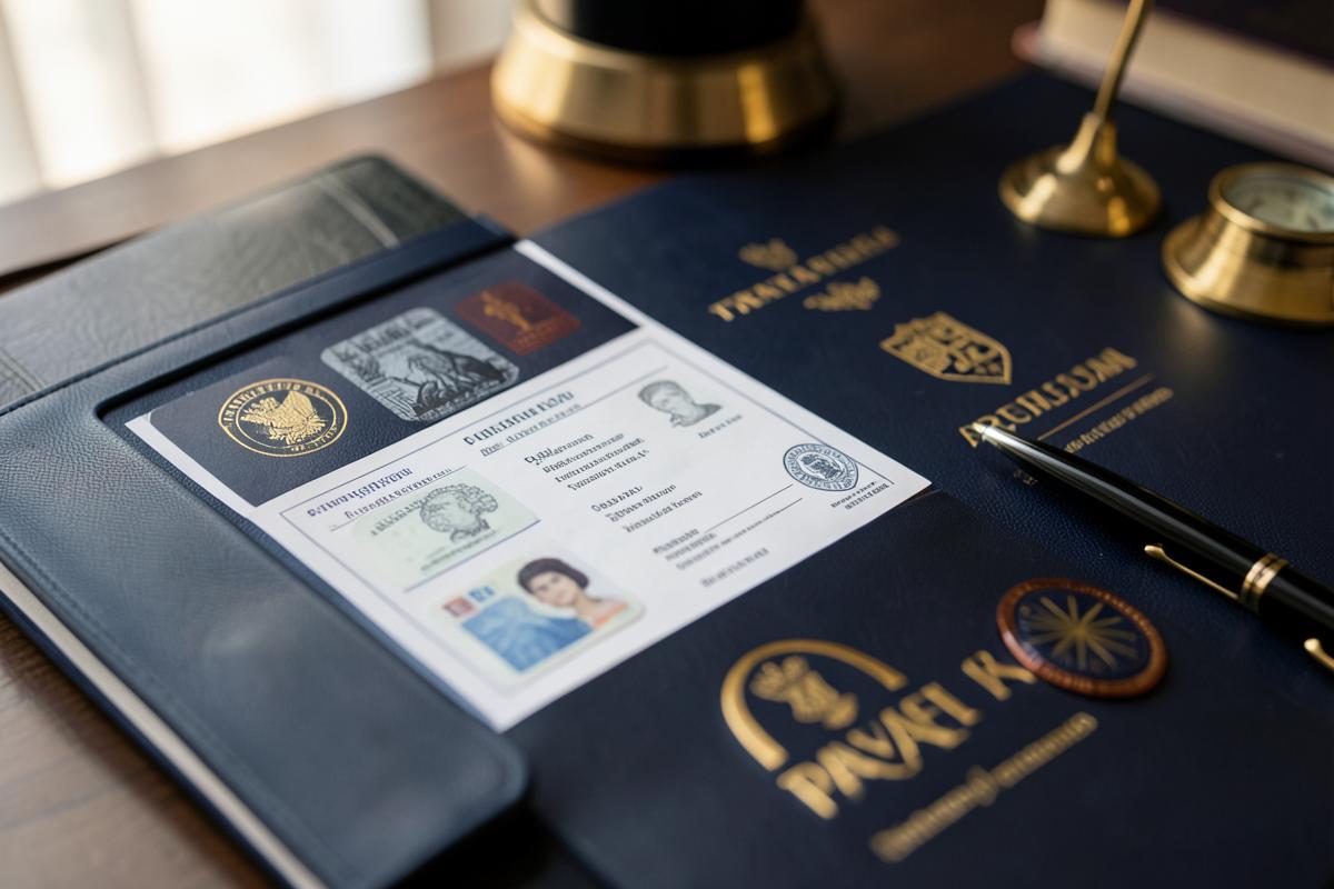 Passport, approved visa page and embassy stamp on an application desk